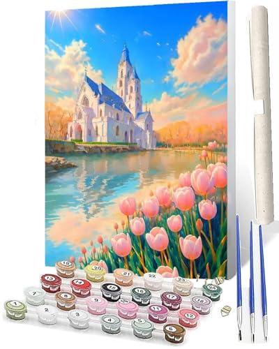 WMZPOY Malen Nach Zahlen Tulpenschloss 013 DIY Ölmalerei Bastelset für Anfänger und Inklusive Knitterfreie LeinwandAcrylfarben und 3 PinselGeschenke und Home Haus Deko-40x50 von WMZPOY