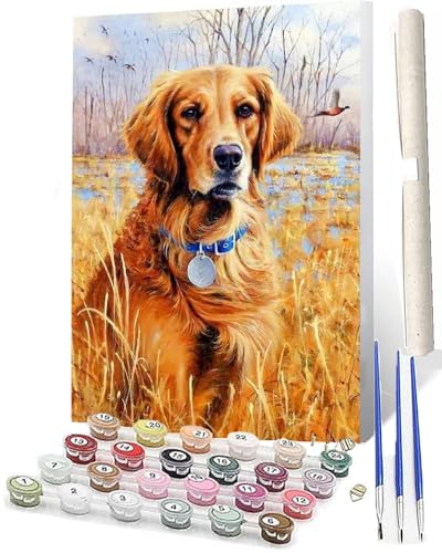 WMZPOY Malen Nach Zahlen Waldgolden Retriever DIY Ölmalerei Bastelset für Anfänger und Inklusive Knitterfreie LeinwandAcrylfarben und 3 PinselGeschenke und Home Haus Deko-40x50 von WMZPOY