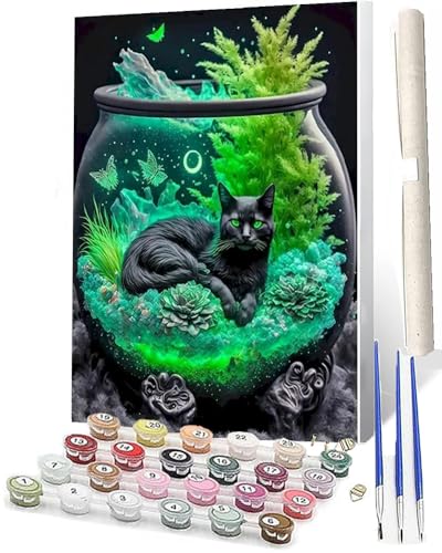 WMZPOY Malen Nach Zahlen ab 5 6 7 8 9 10 Aquarium schwarze Katze Adult Tiere Anfänger mit Leinwand Pinseln Acrylpigment für Geschenke und Home Haus Deko (40 x 50 cm) von WMZPOY