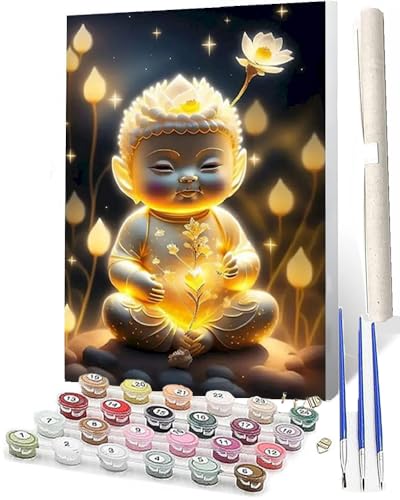 WMZPOY Malen Nach Zahlen ab 5 6 7 8 9 10 Kleiner Buddha Golden 4 Adult Tiere Anfänger mit Leinwand Pinseln Acrylpigment für Geschenke und Home Haus Deko (40 x 50 cm) von WMZPOY