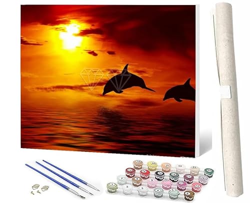 WMZPOY Malen nach Zahlen Erwachsene DIY Malen nach Zahlen Set ohne Rahmen inklusive Pinsel und Acrylfarben Delfin bei Sonnenuntergang DIY für Home Wall Decor 40 x 50cm Rahmenlos von WMZPOY