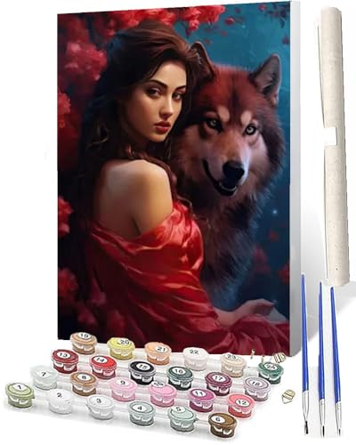 WMZPOY Malen nach Zahlen Erwachsene DIY Malen nach Zahlen Set ohne Rahmen inklusive Pinsel und Acrylfarben Frau und Tier Wolf 1 DIY für Home Wall Decor 40 x 50cm Rahmenlos von WMZPOY