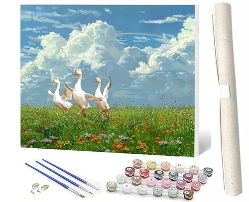 WMZPOY Malen nach Zahlen Erwachsene DIY Malen nach Zahlen Set ohne Rahmen inklusive Pinsel und Acrylfarben Mehrere weiße Enten Rasenhimmel 072 DIY für Home Wall Decor 40 x 50cm Rahmenlos von WMZPOY