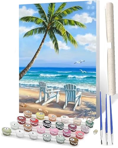 WMZPOY Malen nach Zahlen Erwachsene DIY Malen nach Zahlen Set ohne Rahmen inklusive Pinsel und Acrylfarben Strand Ozean Kokospalmen DIY für Home Wall Decor 40 x 50cm Rahmenlos von WMZPOY