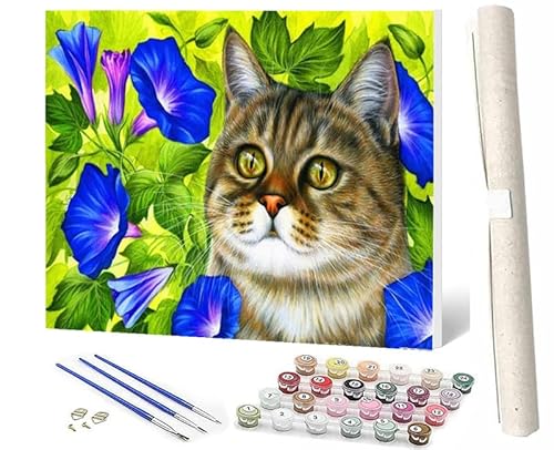 WMZPOY Malen nach Zahlen Erwachsene DIY Malen nach Zahlen Set ohne Rahmen inklusive Pinsel und Acrylfarben Tierische Katzenblumen 5 DIY für Home Wall Decor 40 x 50cm Rahmenlos von WMZPOY