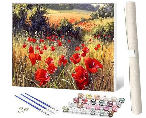 WMZPOY Malen nach Zahlen Erwachsene DIY Malen nach Zahlen Set ohne Rahmen inklusive Pinsel und Acrylfarben rote Blume_003 DIY für Home Wall Decor 40 x 50cm Rahmenlos von WMZPOY