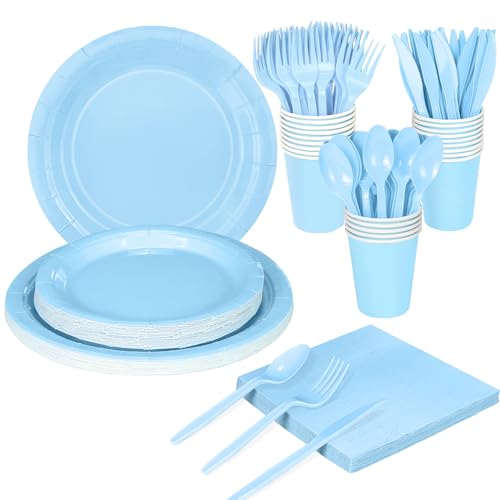 WNINK 168 hellblaue Pappteller und Servietten, blaues Einwegteller-Set mit blauen Utensilien, blaue Party-Dekorationen für Babyparty, Geschlechtsoffenbarung, Party, Geburtstag, Partyzubehör für 24 von WNINK