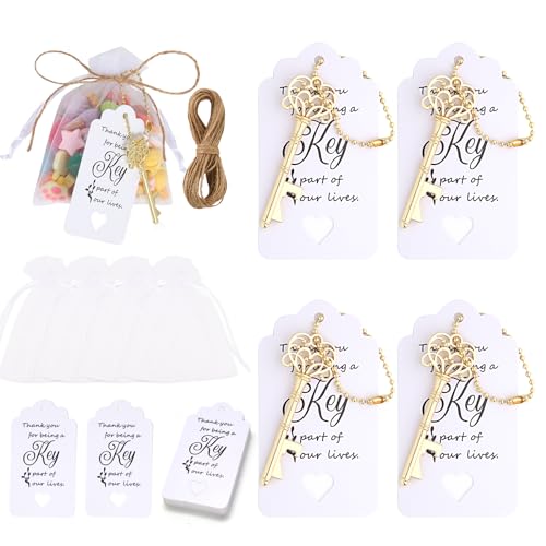 WODEGIFT Flaschenöffner für Hochzeitsgeschenke, mit Dankesanhänger, Organza-Beutel, Juteseil und Ketten, perfektes Gastgeschenk für Babypartys für Gäste, Brautparty-Gastgeschenke, Goldfarben, 20 Stück von WODEGIFT