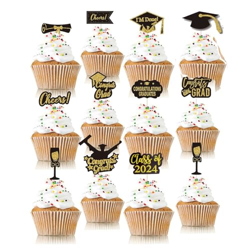 Glitzer-Cupcake-Topper, Dekoration, Kuchenflaggen, für Abschlussfeier 2021, 12 Stück von WOEIFGV