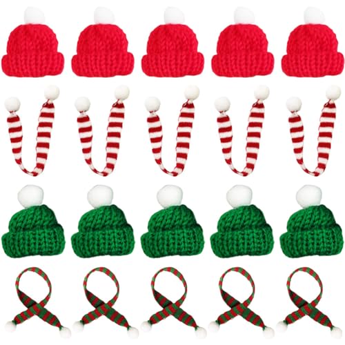 WOFASHPURET 20-Teiliges Weihnachts-Mini-Strickmütze-Schal-Set Mini-Weihnachtsmützen Rot-Grüne Mini-Weihnachtsmütze Bastel-Miniatur-Weihnachtsschal Für Diy-Bastel-Schneemann-Puppe von WOFASHPURET