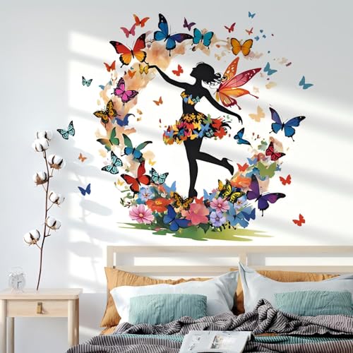 Schmetterling Mädchen Wandaufkleber, Blume Fee Wandabziehbild, bunte florale Wandgestaltung bunte Schmetterlinge Wanddekor DIY abnehmbare Vinyl Wandkunst für Mädchen Baby Kinderzimmer Schlafzimmer von WOFEU