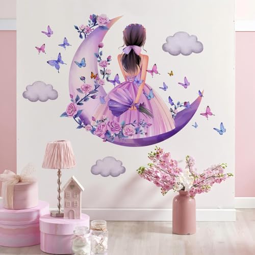 Schmetterling Mädchen Wandaufkleber, Mond Wolken Blume Fee Wandabziehbild, rosa florale Fototapete bunte Schmetterlinge Wanddekoration, Wandkunst für Mädchen Baby Kinderzimmer Schlafzimmer von WOFEU