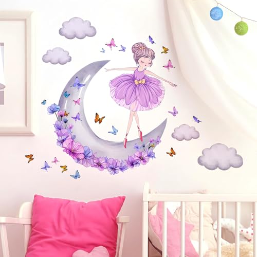 Schmetterling Mädchen Wandaufkleber, Mond Wolken Blume Prinzessin Wandabziehbild, rosa florale Wandtattoo bunte Schmetterlinge Wanddekoration für Mädchen Kinderzimmer von WOFEU