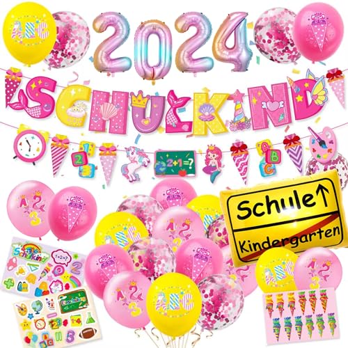 Einschulung Deko, Schulanfang Schuleinführung Deko Set für Mädchen, 2024 Folienballon+ Schule Folienballon + SCHULKIND Girlande + Zuckertüten Girlande+ 23 Luftballons+ 3 Aufklebers, Rosa von WOGOPRO