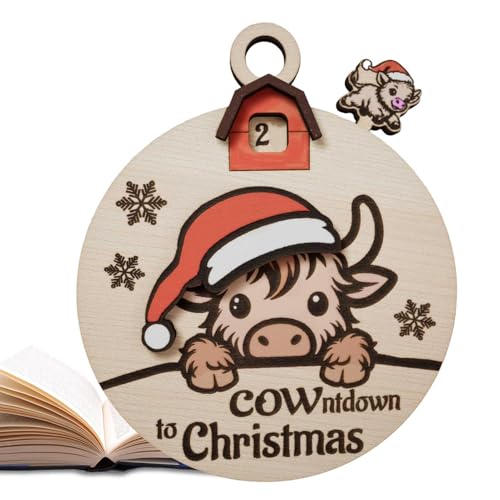 Countdown bis Weihnachten verschiebbares Ornament,Weihnachts-Countdown-Wandkalender - Highland Cow Bis Weihnachten Countdown-Schild - Countdown-Schild aus Holz bis Weihnachten, 3D-Countdown zum Weihna von WOGXN