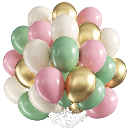 60 Stück Luftballons Rosa Grün ,12 Zoll Salbei Grün Rosa Luftballons, Metallic Gold Ballons Apricot Grün Sand Weiß Latex Ballons Partyballons für Hochzeit Baby Dusche Dschungel Geburtstag Party Deko von WOIRROIP