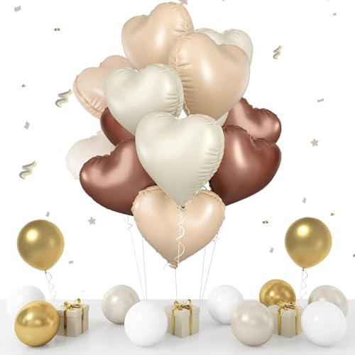 27 Stück Herzluftballons Kaffee Creme Beige,18 Zoll Herz Luftballon,10 Zoll Weißsand Weiß Gold Latex Ballons Set,Folienballon Herz als Geburtstag Hochzeit Baby Shower Jubiläum Party Dekoration von WOIRROIP