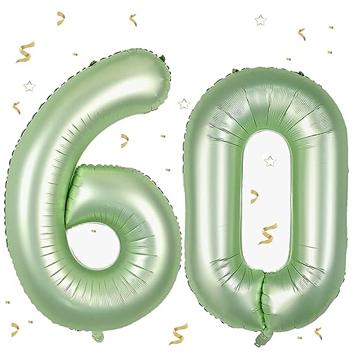 Luftballon 60.Geburtstag Salbeigrün,XXL Riesen Salbeigrün Folienballon 60 für Frauen,40"Luftballon 60.Geburtstag,Zahlen 6 und 0 Folienballon für 60 Jahre Geburtstagsdeko Jubiläum Party Dekoration von WOIRROIP