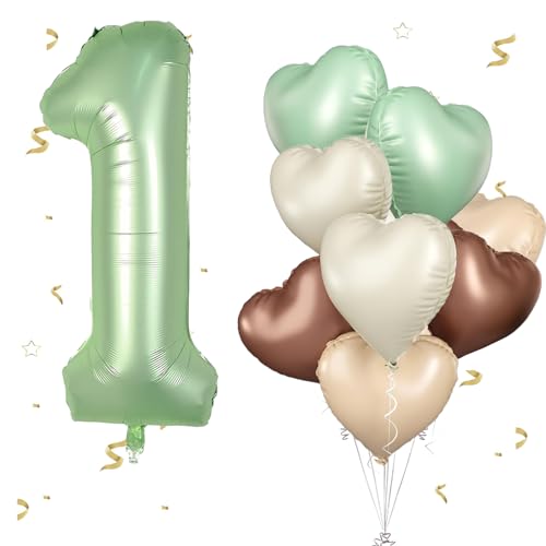 Luftballons 1.Geburtstag Salbeigrün ,XXL 40 Zoll Zahl Luftballons Deko 1.Geburtstag junge,Olivgrün Beige Aprikosen Herzluftballons Geburtstagsdekofür Deko 1.Geburtstag mädchen Baby party Dekoration von WOIRROIP