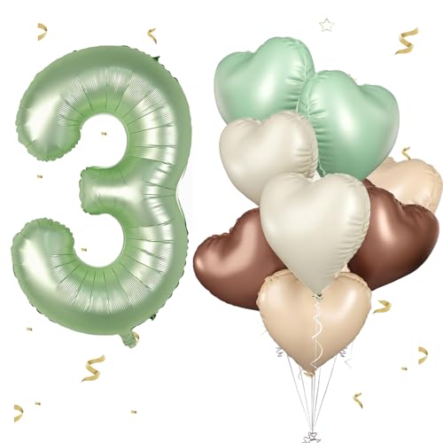 Luftballons 3.Geburtstag Salbeigrün ,XXL 40 Zoll Zahl Luftballons Deko 3.Geburtstag junge,Olivgrün Beige Aprikosen Herzluftballons Geburtstagsdekofür Deko 3.Geburtstag mädchen Baby party Dekoration von WOIRROIP