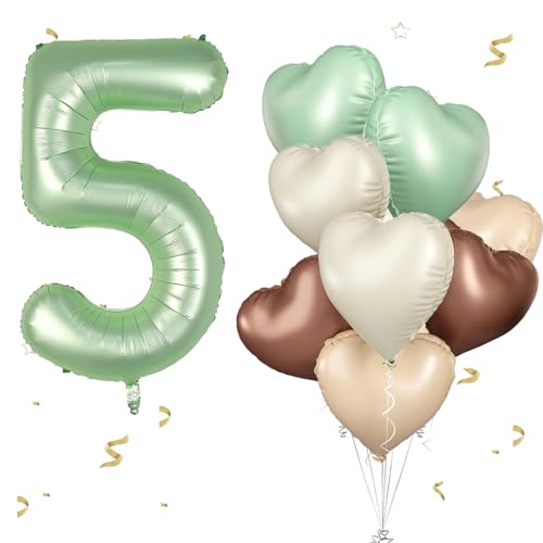 Luftballons 5.Geburtstag Salbeigrün ,XXL 40 Zoll Zahl Luftballons Deko 5.Geburtstag junge,Olivgrün Beige Aprikosen Herzluftballons Geburtstagsdekofür Deko 5.Geburtstag mädchen Baby party Dekoration von WOIRROIP