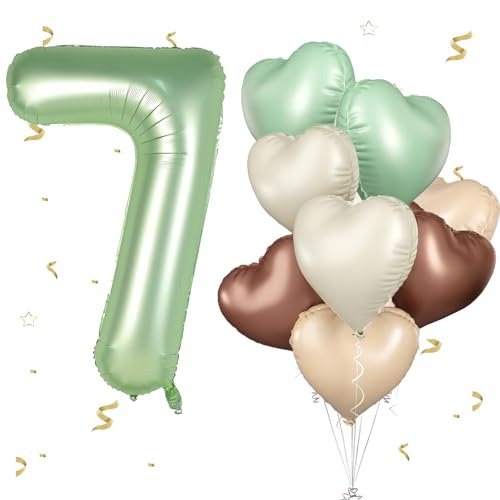 Luftballons 7.Geburtstag Salbeigrün ,XXL 40 Zoll Zahl Luftballons Deko 7.Geburtstag junge,Olivgrün Beige Aprikosen Herzluftballons Geburtstagsdekofür Deko 7.Geburtstag mädchen Baby party Dekoration von WOIRROIP