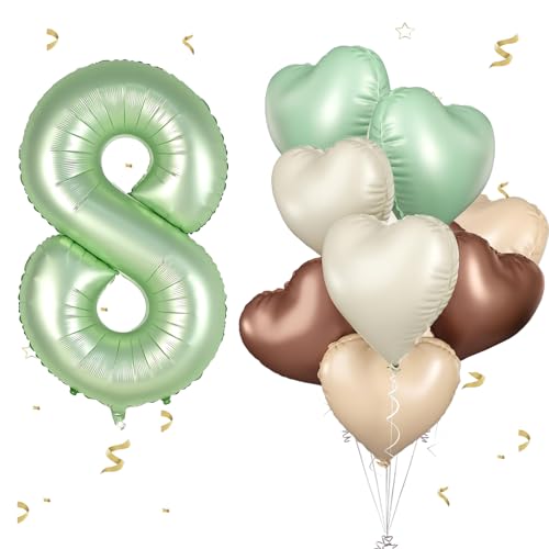 Luftballons 8.Geburtstag Salbeigrün ,XXL 40 Zoll Zahl Luftballons Deko 8.Geburtstag junge,Olivgrün Beige Aprikosen Herzluftballons Geburtstagsdekofür Deko 8.Geburtstag mädchen Baby party Dekoration von WOIRROIP