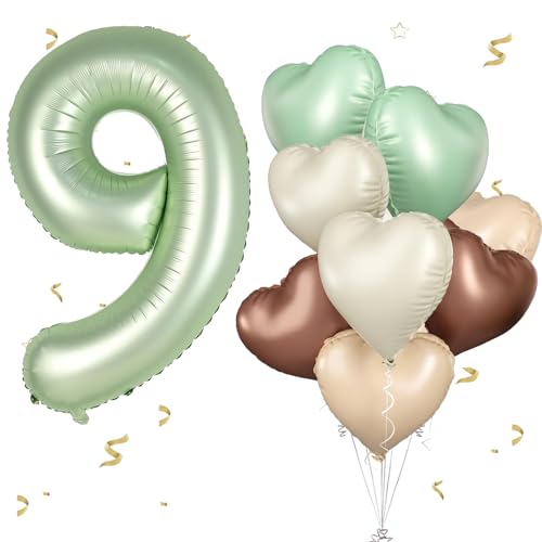 Luftballons 9.Geburtstag Salbeigrün ,XXL 40 Zoll Zahl Luftballons Deko 9.Geburtstag junge,Olivgrün Beige Aprikosen Herzluftballons Geburtstagsdekofür Deko 9.Geburtstag mädchen Baby party Dekoration von WOIRROIP