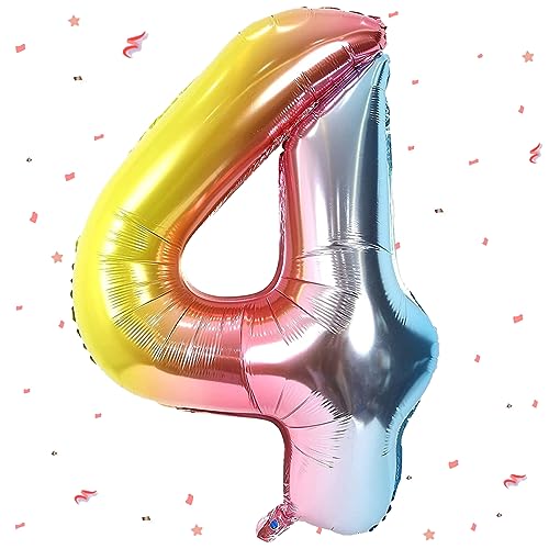 Regenbogen Luftballon 4,Zahlen Luftballon Regenbogen, 40 Zoll XXL Bunt Folienballon Zahlenballon 4 Helium Ballon, Luftballon 4. Geburtstag für 4 Jahre Geburtstagsdeko Junge Mädchen Party Deko von WOIRROIP