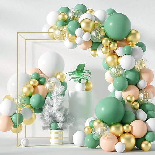 WOIRROIP Salbei Grün Ballongirlande Bogen Kit,144pcs Grün Weiß Gold Konfetti Ballons Retro Grün Latex Ballon für Geburtstag Party Baby Dusche Hochzeit Weihnachten Urlaub Ballon Dschungel Dekorationen von WOIRROIP