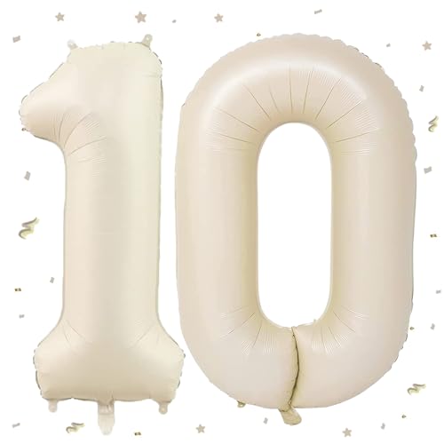 WOIRROIP Luftballon 10. Geburtstag Beige, XXL Riesen Creme Folienballon 10 für Frauen,40" Luftballon 10. Geburtstag,Zahlen 1 und 0 Folienballon für 10 Jahre Geburtstagsdeko Jubiläum Party Dekoration von WOIRROIP