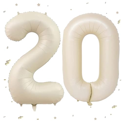 WOIRROIP Luftballon 20. Geburtstag Beige, XXL Riesen Creme Folienballon 20 für Frauen,40" Luftballon 20. Geburtstag,Zahlen 2 und 0 Folienballon für 20 Jahre Geburtstagsdeko Jubiläum Party Dekoration von WOIRROIP