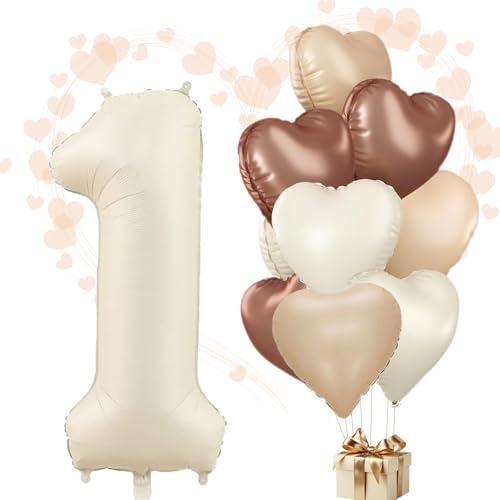 WOIRROIP Luftballons 1.Geburtstag Beige,XXL 40 Zoll Zahl Luftballons Deko 1.Geburtstag Junge,Aprikose Nude Braun Herzballons Geburtstagsdeko Set für Deko 1.Geburtstag mädchen Baby Party Dekoration von WOIRROIP