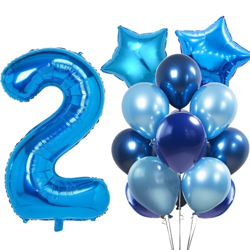 WOIRROIP Luftballons 2.Geburtstag Blau,XXL 40 Zoll Zahl Luftballons Deko 2.Geburtstag Junge,Blau Latexballon Pentagram Folie Ballon Set für Deko 2.Geburtstag mädchen Baby Party Dekoration von WOIRROIP