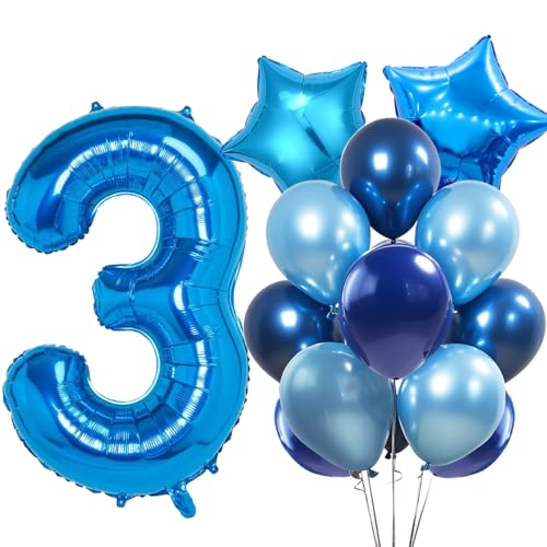 WOIRROIP Luftballons 3.Geburtstag Blau,XXL 40 Zoll Zahl Luftballons Deko 3.Geburtstag Junge,Blau Latexballon Pentagram Folie Ballon Set für Deko 3.Geburtstag mädchen Baby Party Dekoration von WOIRROIP