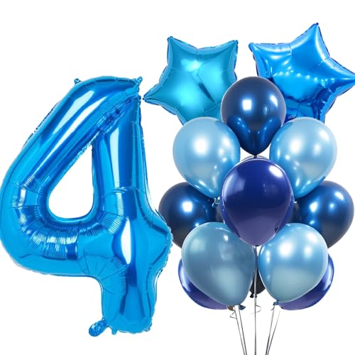 WOIRROIP Luftballons 4.Geburtstag Blau,XXL 40 Zoll Zahl Luftballons Deko 4.Geburtstag Junge,Blau Latexballon Pentagram Folie Ballon Set für Deko 4.Geburtstag mädchen Baby Party Dekoration von WOIRROIP