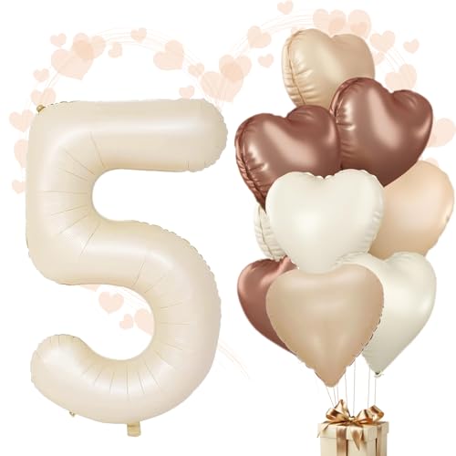 WOIRROIP Luftballons 5.Geburtstag Beige,XXL 40 Zoll Zahl Luftballons Deko 5.Geburtstag Junge,Aprikose Nude Braun Herzballons Geburtstagsdeko Set für Deko 5.Geburtstag mädchen Baby Party Dekoration von WOIRROIP