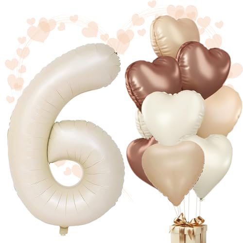 WOIRROIP Luftballons 6.Geburtstag Beige,XXL 40 Zoll Zahl Luftballons Deko 6.Geburtstag Junge,Aprikose Nude Braun Herzballons Geburtstagsdeko Set für Deko 6.Geburtstag mädchen Baby Party Dekoration von WOIRROIP