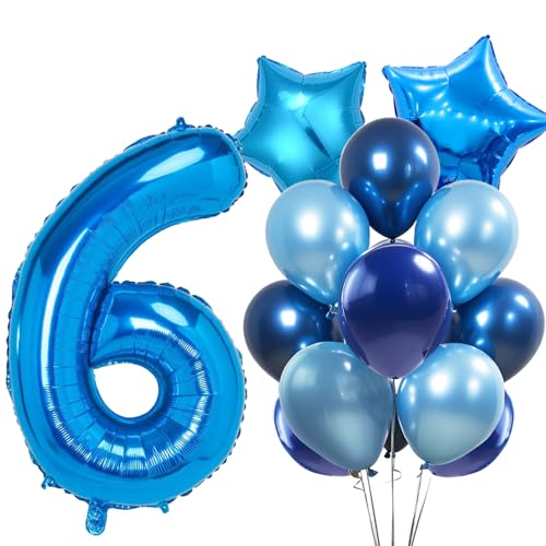 WOIRROIP Luftballons 6.Geburtstag Blau,XXL 40 Zoll Zahl Luftballons Deko 6.Geburtstag Junge,Blau Latexballon Pentagram Folie Ballon Set für Deko 6.Geburtstag mädchen Baby Party Dekoration von WOIRROIP