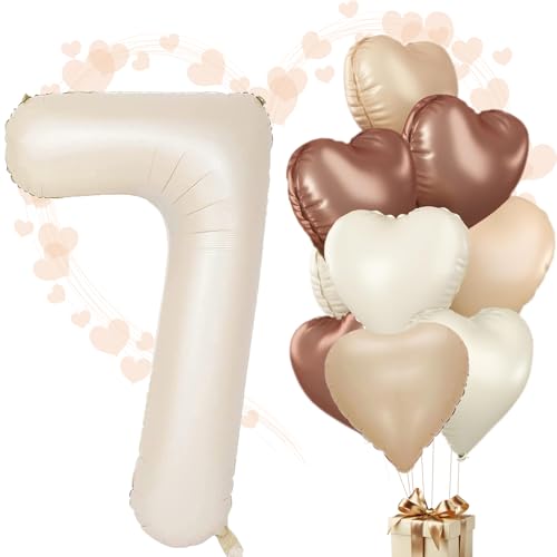 WOIRROIP Luftballons 7.Geburtstag Beige,XXL 40 Zoll Zahl Luftballons Deko 7.Geburtstag Junge,Aprikose Nude Braun Herzballons Geburtstagsdeko Set für Deko 7.Geburtstag mädchen Baby Party Dekoration von WOIRROIP