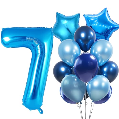 WOIRROIP Luftballons 7.Geburtstag Blau,XXL 40 Zoll Zahl Luftballons Deko 7.Geburtstag Junge,Blau Latexballon Pentagram Folie Ballon Set für Deko 7.Geburtstag mädchen Baby Party Dekoration von WOIRROIP