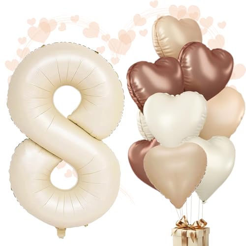 WOIRROIP Luftballons 8.Geburtstag Beige,XXL 40 Zoll Zahl Luftballons Deko 8.Geburtstag Junge,Aprikose Nude Braun Herzballons Geburtstagsdeko Set für Deko 8.Geburtstag mädchen Baby Party Dekoration von WOIRROIP