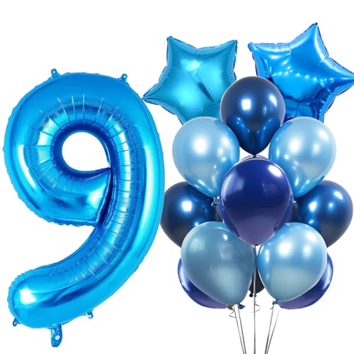 WOIRROIP Luftballons 9.Geburtstag Blau,XXL 40 Zoll Zahl Luftballons Deko 9.Geburtstag Junge,Blau Latexballon Pentagram Folie Ballon Set für Deko 9.Geburtstag mädchen Baby Party Dekoration von WOIRROIP