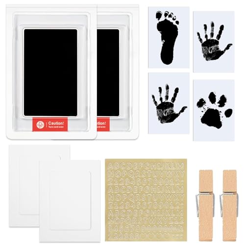 Baby Abdruckset, Baby Handabdruck und Fußabdruck Set Für 0-3 Monate, 2 Stempelkissen, 4 Abdruckkarten, 2 Fotorahmen, 1 Aufkleberbogen & 2 Klammern, Clean Touch Stempelkissen für Geschenk zur Geburt von WOLMIK