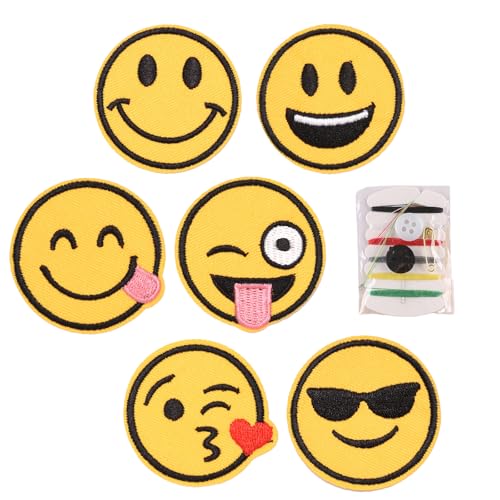 WOLMIK 6 Stück Smile Face Aufnäher zum Aufbügeln mit Nähset, gelbes Lächeln, niedliches fröhliches Gesicht, Kleidung, bestickte Flicken zum Aufbügeln, für Jeans, Taschen, Hut, Basteln, Dekoration von WOLMIK