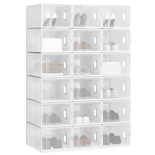 WOLTU Schuhregal mit 18 stapelbaren Schuhboxen Schuhschrank Regalsystem mit Magnetverschluss Steckregal aus Kunststoff DIY 25x19x35 cm transparent weiß von WOLTU