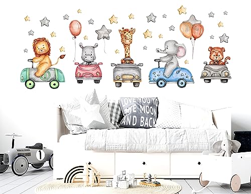 WONDER MURALS Wandtattoo Kinderzimmer Deko Mädchen Junge Wandaufkleber Tiere Wandsticker Kinder Wanddeko Babyzimmer Tiger Loewe Giraffe Elefant Auto Fahrzeuge (L - 135 x 60 cm (B x H)) von WONDER MURALS