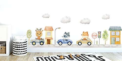 WONDER MURALS Wandtattoo Kinderzimmer Deko Mädchen Junge Wandaufkleber Waldtiere Tiere Wandsticker Kinder Wanddeko Babyzimmer Fuchs Hirsch Auto Fahrzeuge von WONDER MURALS