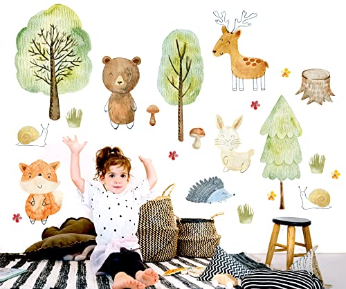 WONDER MURALS Wandtattoo Kinderzimmer Deko Mädchen Junge Wandaufkleber Waldtiere Tiere Wandsticker Kinder Wanddeko Babyzimmer Fuchs Hirsch Bär Igel von WONDER MURALS