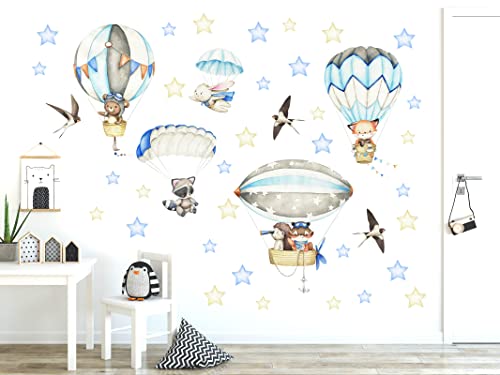 WONDER MURALS Wandtattoo Tiere Heißluftballon Deko Kinderzimmer Wandsticker Mädchen Junge Babyzimmer Wandaufkleber Wanddeko Selbst Aufkleben (Blau) von WONDER MURALS